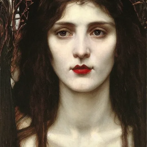 Image similar to A striking Pre-Raphaelite witch with intense eyes and jet black hair, by John Collier, by John William Waterhouse, John Everett Millais