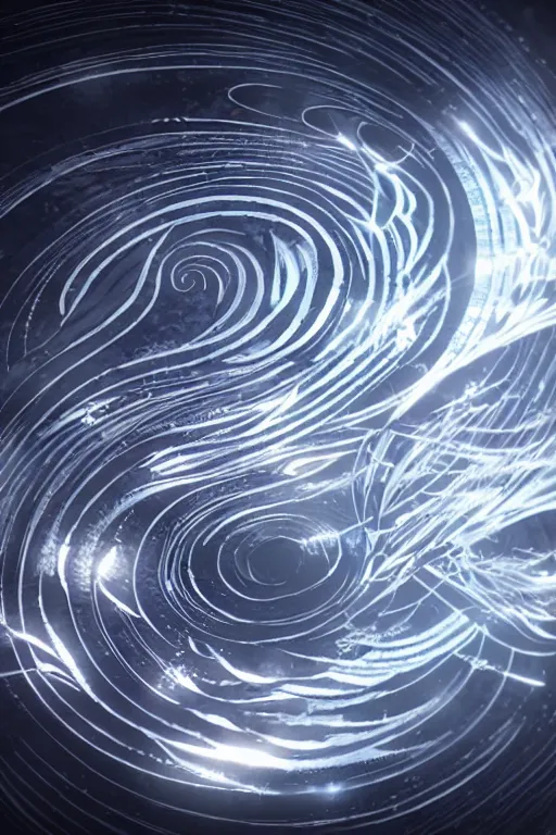 Image similar to thin swirling tribal light streaks and ornate flowing feather light streams and smooth particle effects, unreal engine