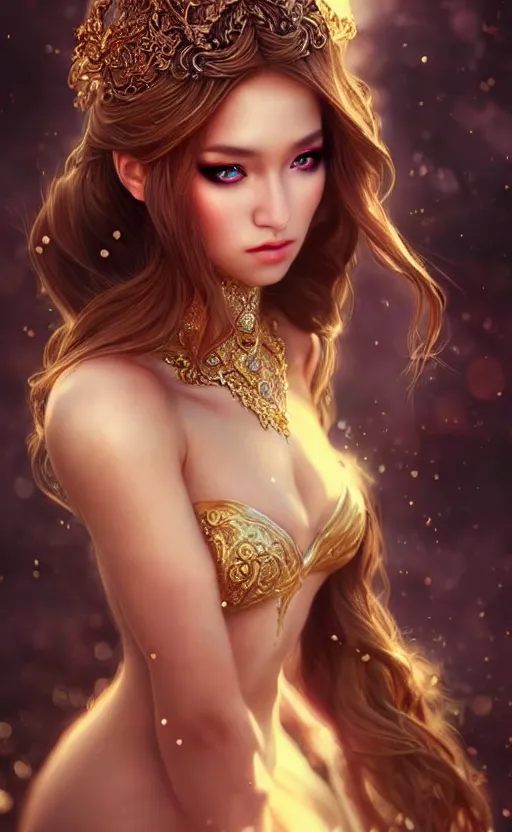 Image similar to a fantasy photo of gorgeous russian female, evening gown, bokeh, medium shot, beautiful face, professionally retouched, soft lighting, realistic, smooth face, perfect eyes, sharp focus, 8 k realistic high definition, insanely detailed, intricate, elegant, art by artgerm and kyoung hwan kim