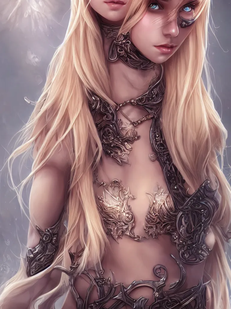 Image similar to beautiful elven necromancer, blonde hair, balayage, dark fantasy, symmetrical face two identical symmetrical eyes, feminine figure, smooth skin, gorgeous, pretty face, beautiful body, revealing outfit, high detail, realistic, cgsociety, artgerm, trending on artstation