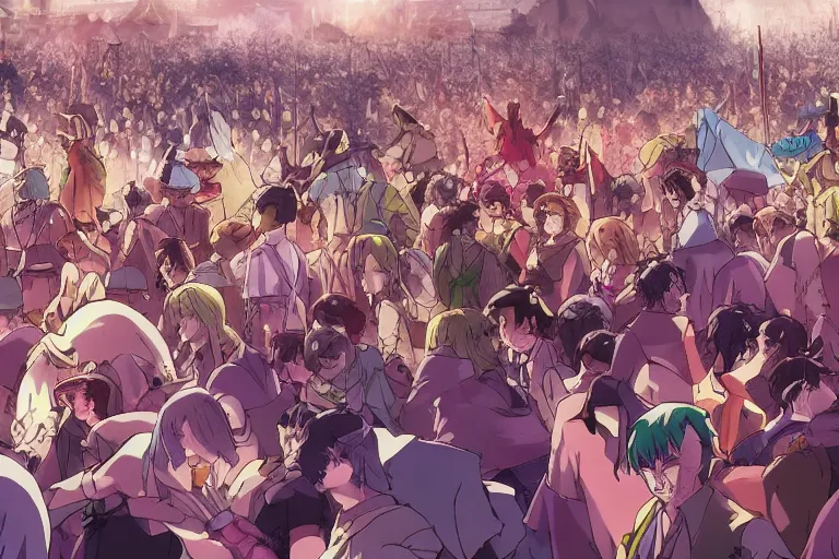 Image similar to cell shaded anime key visual of a fantasy battlefield, crowds of people, magic spells, in the style of studio ghibli, moebius, makoto shinkai, dramatic lighting