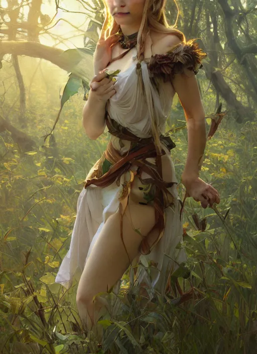 Image similar to A beautiful full portrait of a stunning young female elf on a beautiful lush forest meadow, afternoon, art by Artgerm and Greg Rutkowski and Alphonse Mucha, DAZ, hyperrealistic, ambient light, dynamic light, vray