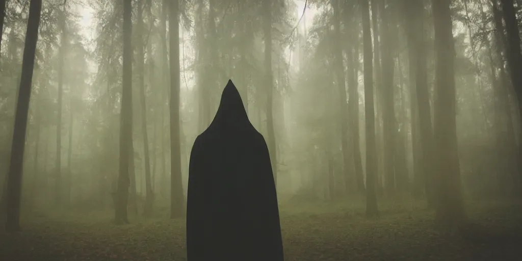 Image similar to a close shot of a grim reaper standing in a forest, detailed, style of flooko, mythical, mist, depressing, tired, dark, lush, nature, mist, mystery, glows, somber, dismal, fog, heavy fog, dark lighting, rim light, glow, ambient light, cybernetic, sci-fi,