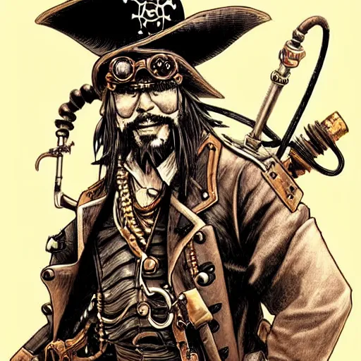 Image similar to a steampunk pirate, by kim jung gi and karl kopinski