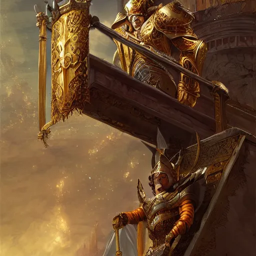 Prompt: A young king in golden armor making a speech from a balcony with his servant beside him, fantasy, highly detailed, digital painting, artstation, concept art, illustration, art by Bayard Wu and Marc Simonetti