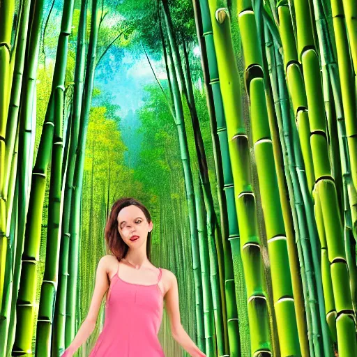 Image similar to A giantess with a beautiful face,green eyes,cute nose and pink lips, wearing a sundress and sandals, walking in a bamboo forest ,detailed body and eyes,proper anatomy, bamboo forest in the background, beautiful lighting,,digital art , highly detailed , high contrast, beautiful lighting, award winning , trending on art station, 8k, photo realistic,unreal engine 5