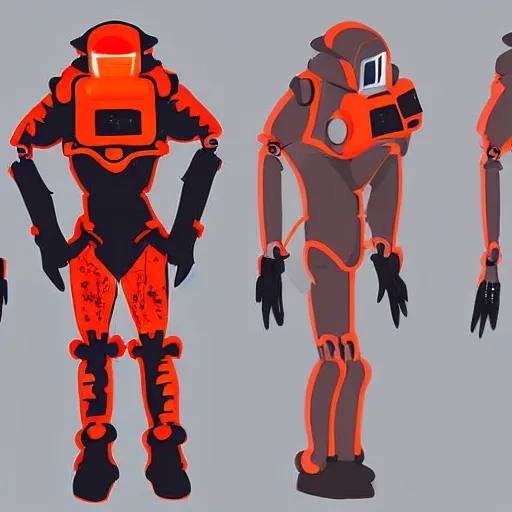 Prompt: Concept character art, man wearing scifi robotic space suit, red and orange, digital art