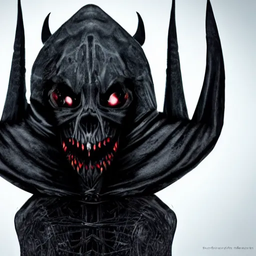 Prompt: a close up view of a demonic looking creature, large, black demonic hat, dark, symmetrical eyes, wide skull face, symmetrical eyes, dark hair, dark armor, dark