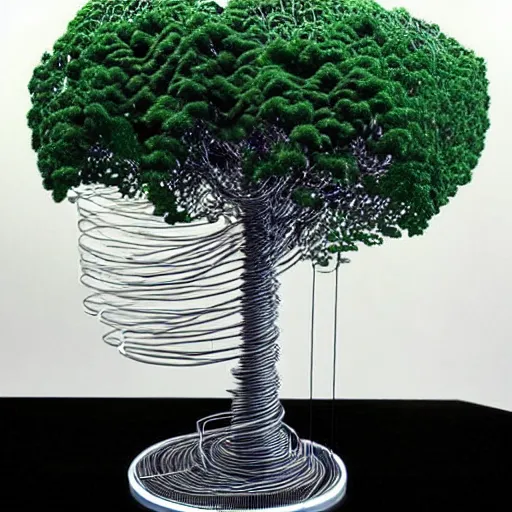 Prompt: a machine that makes wire trees automatically, intricate, highly detailed, photorealistic, sleek, automated