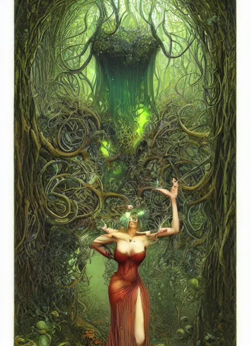 Image similar to junoesque curvaceous fey queen, vine dress, glowing forest, strong line, eerie color, beautiful! coherent! by brian froud, by mariusz lewandowski