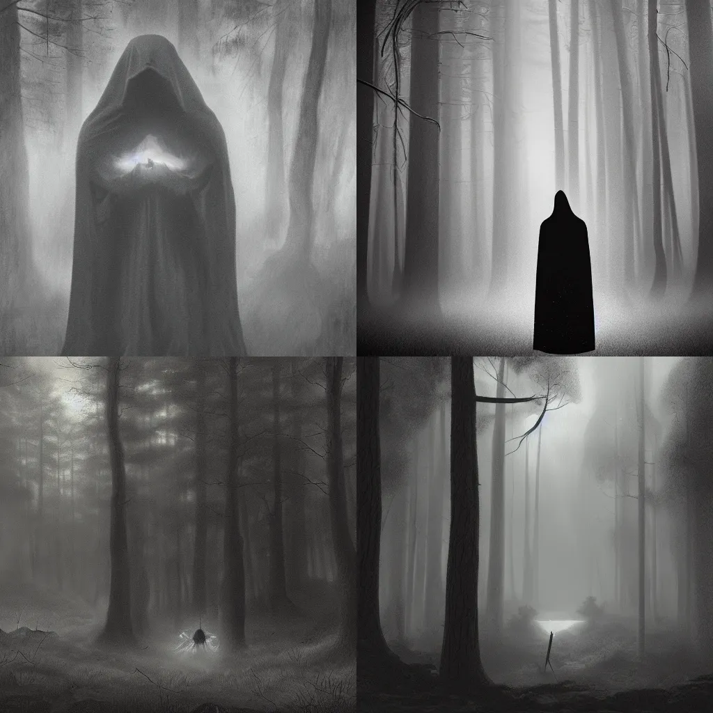 Prompt: a dark cloaked figure with horns floating in the forest, digital art, grainy, 8k, grayscale, Carl Gustav Carus