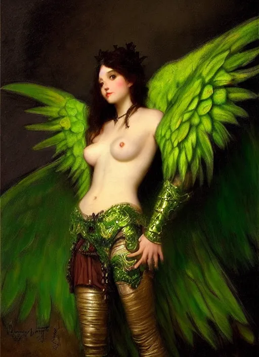 Prompt: angel knight gothic girl in dark and green dragon armor, metallic miniskirt and blouse. by gaston bussiere, by rembrandt, 1 6 6 7, artstation trending, blue light, by konstantin razumov *
