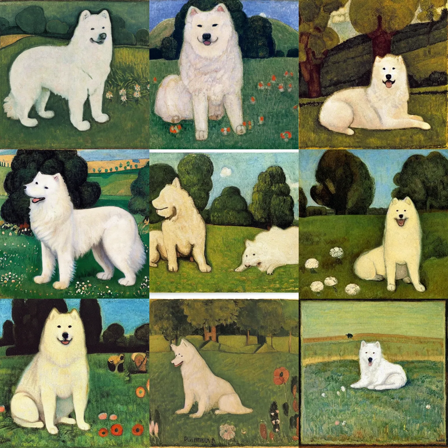 Prompt: a samoyed dog sitting in the middle of sunny meadow, by paula modersohn - becker