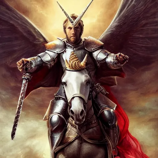 Image similar to Ryan Reynolds in knights armor riding a unicorn with wings in the style of a oil painting, very detailed, high definition, detailed painting, very detailed face, full body, detailed body, detailed face, high definition, realistic painting, high definition painting