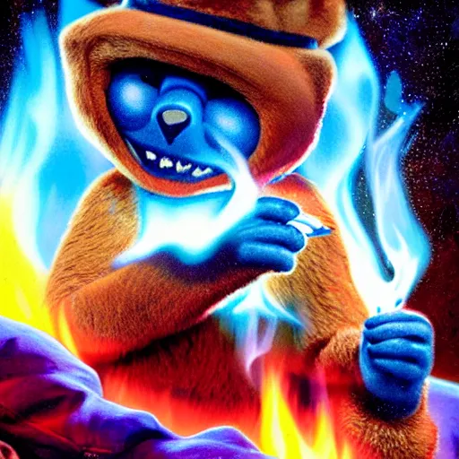 Image similar to UHD candid photo of Cosmic Cornholio torching Smokey The Bear on fire, UHD, photorealistic, correct face, photo by Annie Leibowitz