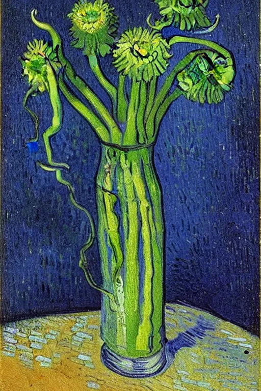 Image similar to Fiddleheads, painted by Vincent Van Gogh (1890), oil on canvas, detailed brushstrokes