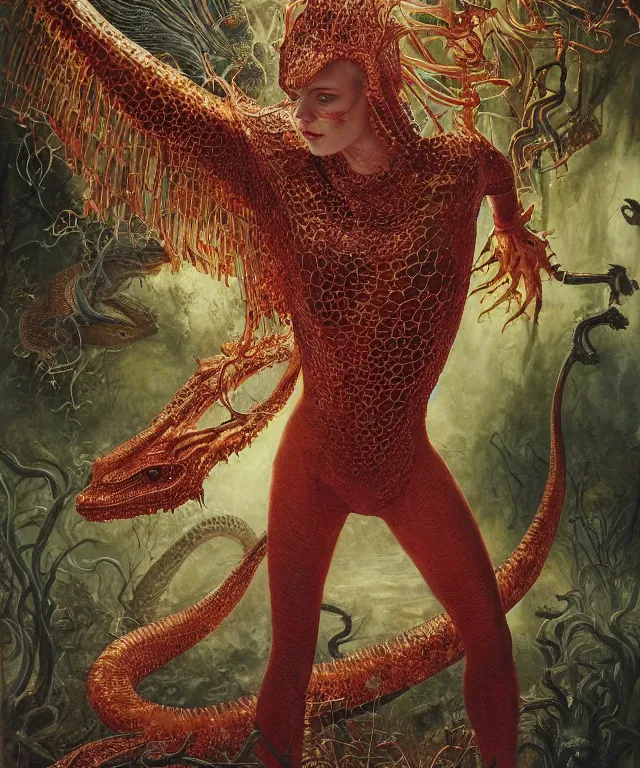 Prompt: a portrait photograph of a fierce sadie sink as a strong alien harpy queen with amphibian skin. she is dressed in a fiery lace shiny metal slimy organic membrane catsuit and transforming into a snake dinosaur. by donato giancola, walton ford, ernst haeckel, peter mohrbacher, hr giger. 8 k, cgsociety, fashion editorial