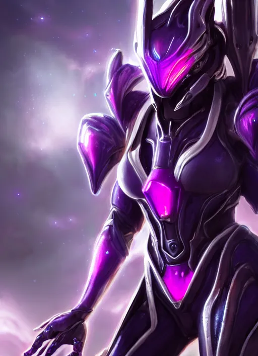 Image similar to cinematic close shot, galactic sized proportional stunning beautiful hot female warframe, sleek mecha goddess dragon head, metal ears, led purple eyes, smooth fuschia skin, smooth silver armor, floating in space, holding a galaxy, epic proportions, epic size, epic detail, furry art, dragon art, giantess art, warframe fanart, furaffinity, octane