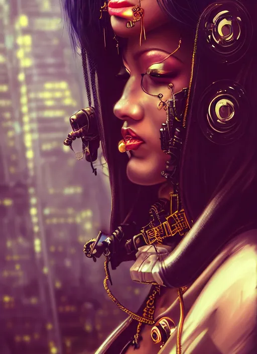 Image similar to soft lustrous ebony geisha seductive raver gutter punk steampunk cyborg, golden ratio, details, scifi, fantasy, cyberpunk city, intricate, decadent, highly detailed, octane render, digital painting, artstation, concept art, sharp focus, illustration, art by artgerm, loish, wlop