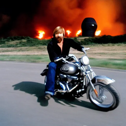 Prompt: a candid shot of Chuck Norris riding a giant motorcycle towards the camera, explosions in the background, 30 mm