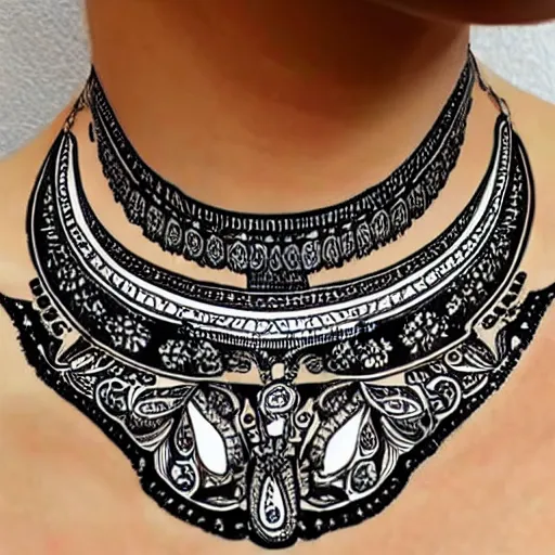 Prompt: black and white illustration collar tattoo neckpiece design on paper ornate gems