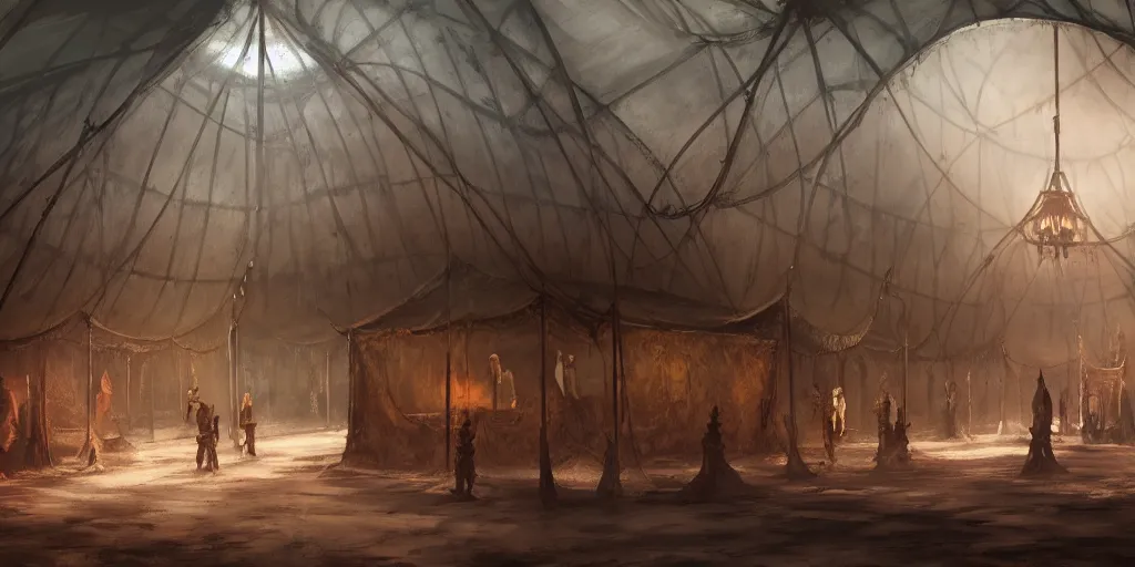 Prompt: inside of a merchant tent, matte oil painting, rusted cathedrals in the background, retrofuturistic, concept art, science fantasy, mutant, lgbt, queer, rpg, epic, rust, white salt, badlands, slime, jungles, dungeons & dragons, sacred, sharp focus, award - winning, extremely detailed, 4 k, 8 k