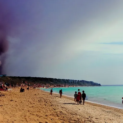 Image similar to a press photography tourists escaping a Crimean beach ⛱️ , explosions in the background, dark smoke in the distance, blue sky