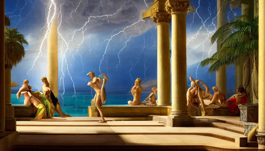 Image similar to From inside the balcony of the giant Palace, mediterranean balustrade and columns, refracted lines and sparkles, thunderstorm, greek pool, beach and Tropical vegetation on the background major arcana sky and occult symbols, by paul delaroche, hyperrealistic 4k uhd, award-winning, very detailed paradise