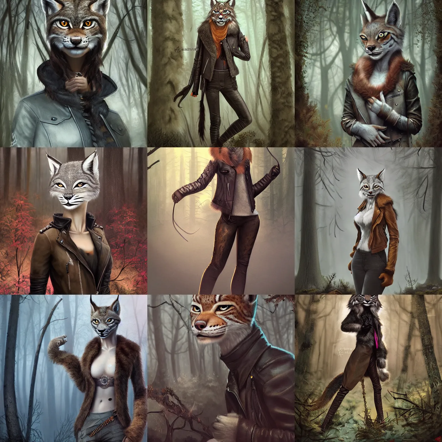 Prompt: anthropomorphic lynx in a leather jacket, in a forest, fursona, moody, muted colors, digital art, concept art, viktoria gavrilenko, wlop, xiaoguang sun, magali villeneuve, tom bagshaw