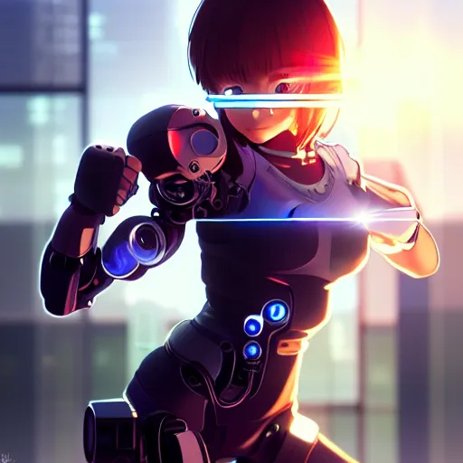 Prompt: beautiful cyborg - girl punching through a large reflective shattering window, window reflections, reflective, mirror reflection, refractions on lens, full round face, biomechanical details, cyberpunk anime art, full body shot, lens flare, wlop, ilya kuvshinov, artgerm, krenz cushart, greg rutkowski