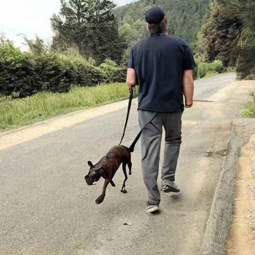 Prompt: photo of a man walking a bizarre creature on a leash like a dog