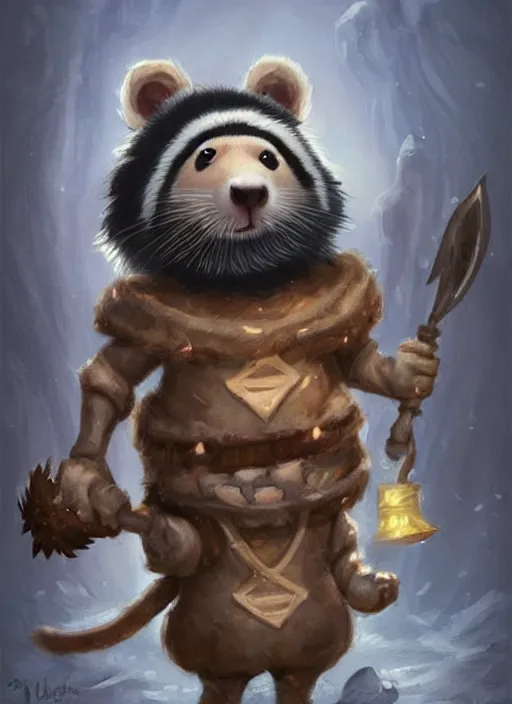 Image similar to cute little anthropomorphic skunk sealer wearing hood of the woodchuckfolk, tiny, small, miniature animal, baby animal, short, pale black armor, cute and adorable, pretty, beautiful, DnD character art portrait, matte fantasy painting, DeviantArt Artstation, by Jason Felix by Steve Argyle by Tyler Jacobson by Peter Mohrbacher, cinematic lighting