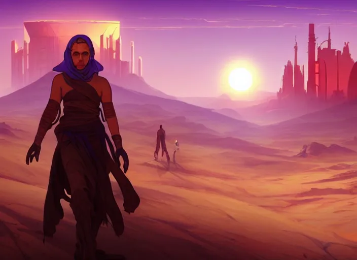 Image similar to science fiction pc game point - and - click adventure, daedalic entertainment, desert with city in the skyline, two suns, purple orange colors, sharp focus, illustration, highly detailed, digital painting, concept art, matte, art by wlop and artgerm and greg rutkowski and alphonse mucha, masterpiece