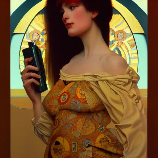 Image similar to modern woman | hyperrealistic | digital painting | trending on artstation | pinup portrait | clean | illustration | dressed | Unreal Engine 5 | 8k resolution | by Greg Rutkowski Alphonse Mucha Gustav Klimt and Mel Ramos