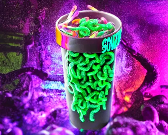 Image similar to energy drink made out of glowing ooze, candy worms, and mud.