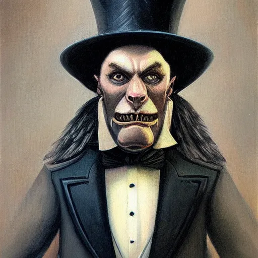 Image similar to a victorian era portrait painting of a warcraft orc in a suit and top hat by Peter Mohrbacher