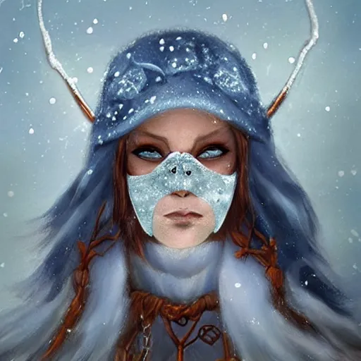 Prompt: art, bandit from ‘ icewind dale ’ and ‘ icewind dale heart of winter ’, with a frost blue gem mask lined with copper, ‘ icewind dale 2 ’ profile portrait by ‘ justin sweet ’, falling snow, soft focus, illustration, oil paint, trending artstation