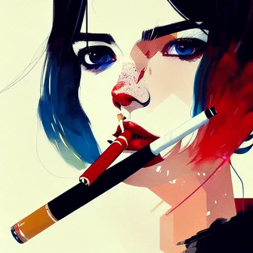 Image similar to a ultradetailed beautiful portait panting of a stylish woman with a cigarette in her mouth, by conrad roset, greg rutkowski and makoto shinkai, trending on artstation