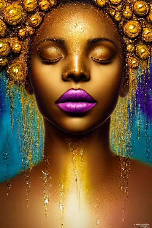 Prompt: hyperrealistic post - classical cinematic very expressive! black oshun goddess, purple eyes, body in water, mirror dripping droplet!, gold flowers, highly detailed face, digital art masterpiece, smooth cam de leon eric zener dramatic pearlescent teal light, ground angle uhd 8 k, sharp focus
