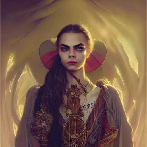 Prompt: portrait of cara delevingne intrincate, highly detailed, dim volumetric lighting, 8k,octane,post-processing,digital painting, trending on artstation, concept art, smooth, sharp focus, illustration,by Tom Bagshaw and Daniel Gerhartz and Albert Aublet and Lawrence Alma-Tadema and alphonse mucha