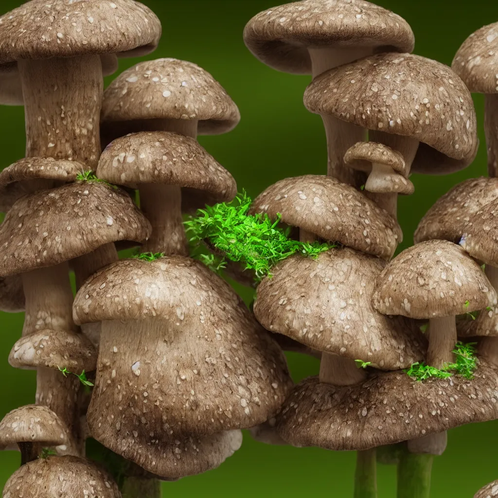 Prompt: very close macro photo of mushroom growing in a spheroid forest, 3d render, nightlight Study, by Jan Davidsz de Heem, 8k, extreme detail, sharp focus, cinema 4d render