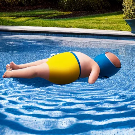 Prompt: photo of a minion floating facedown in a backyard pool