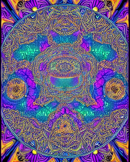 Image similar to doors of perception, psychedelic blacklight art, intricate mandala, mushrooms, forest