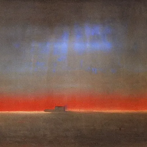 Image similar to the epic abstract painting'blue arctic void with black and red aurora borealis above a tiny inuit village ', by caspar david friedrich!!!, by rothko!!!, stunning masterpiece, trending on artstation