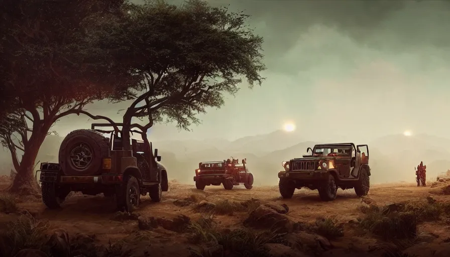 Image similar to Mahindra thar, tribe members watching nearby, an epic fantasy, dramatic lighting, cinematic, establishing shot, extremely high detail, photorealistic, cinematic lighting, artstation, by simon stalenhag, christopher nolan, horizon forbidden west