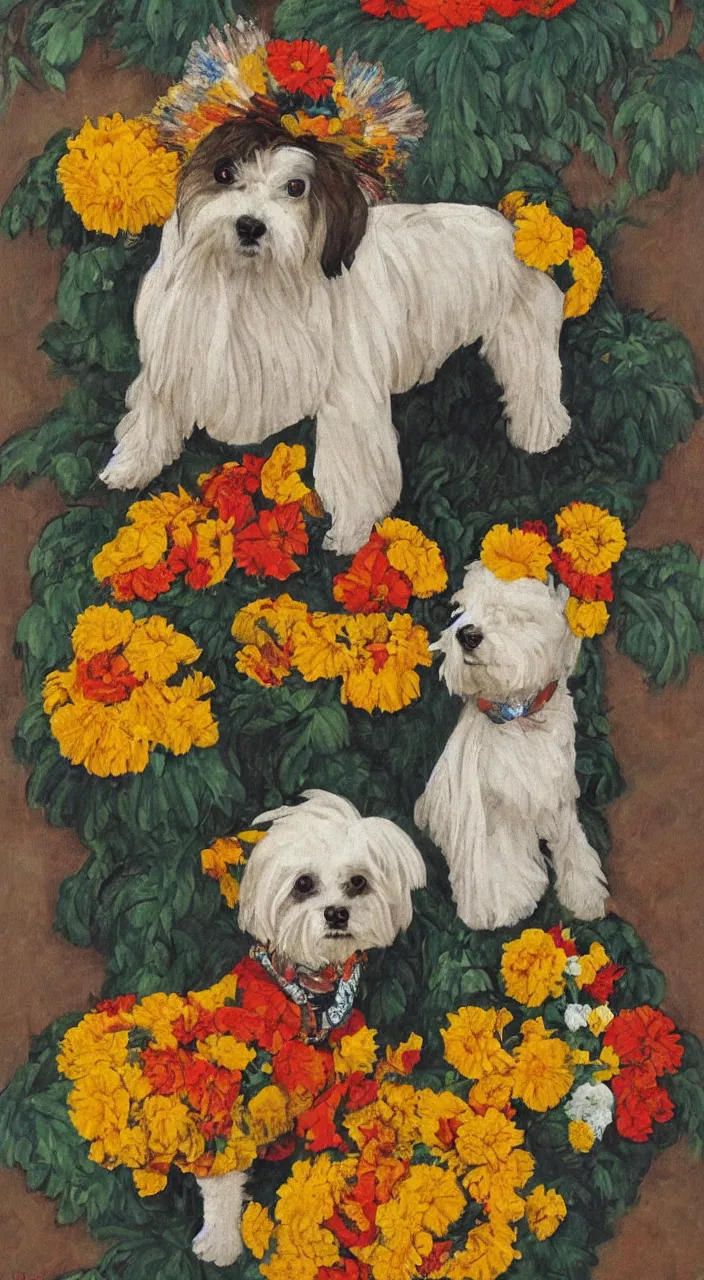 Image similar to portrait of a cream colored havanese dog dressed as an aztec, with a bouquet of marigolds, mexico, painting by diego rivera realism aztec modernism 1 9 3 5