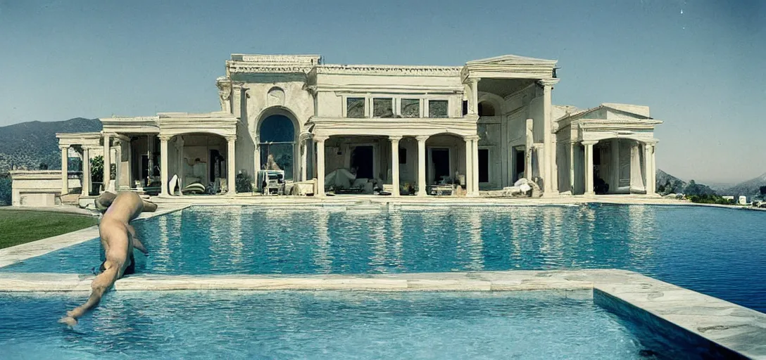 Prompt: greek - inspired marble house designed by ictinus and callicrates in california. photographed in 1 9 7 2. man swimming in pool.