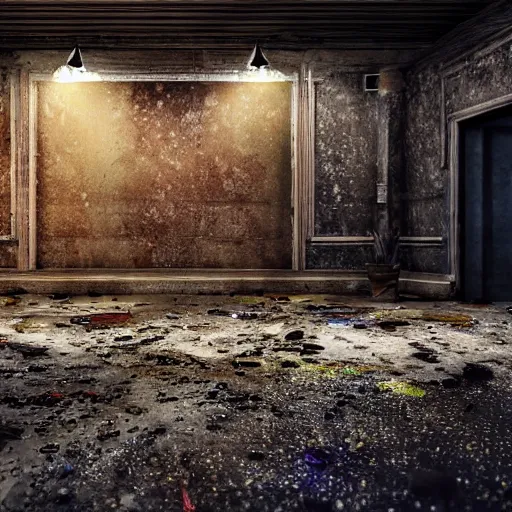 Image similar to abandoned nightclub dirt water detailed highly detailed lifelike photorealistic