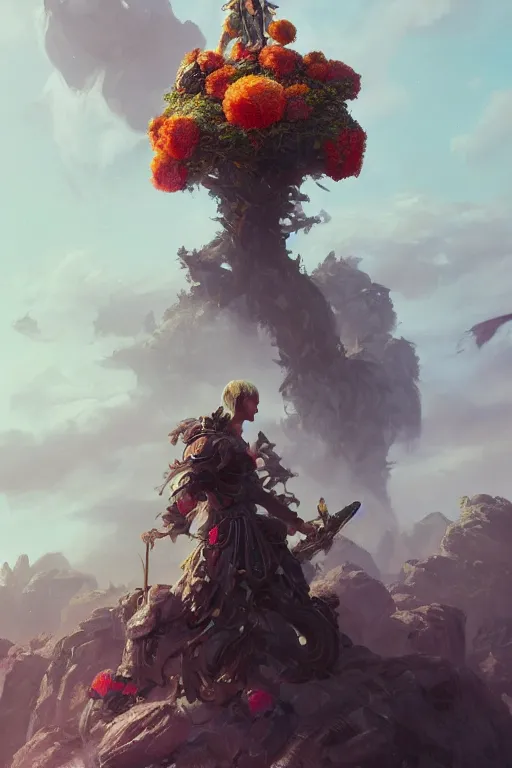 Prompt: a fancy portrait of a giant flower guarded by a worrier by Greg Rutkowski, Sung Choi, Mitchell Mohrhauser, Maciej Kuciara, Johnson Ting, Maxim Verehin, Peter Konig, final fantasy, Marco lense , 8k photorealistic, cinematic lighting, HD, high details, atmospheric , trending on artstation