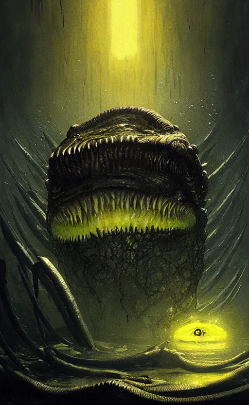 Prompt: dark horror, eel monster with yellow eyes, thalassophobia, by greg rutkowski, by giger, by maxim verehin